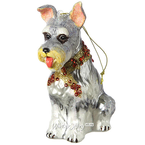 Стеклянная елочная игрушка Собака Ризеншнауцер - щеголь в ошейнике с инкрустацией 12 см, подвеска Holiday Classics