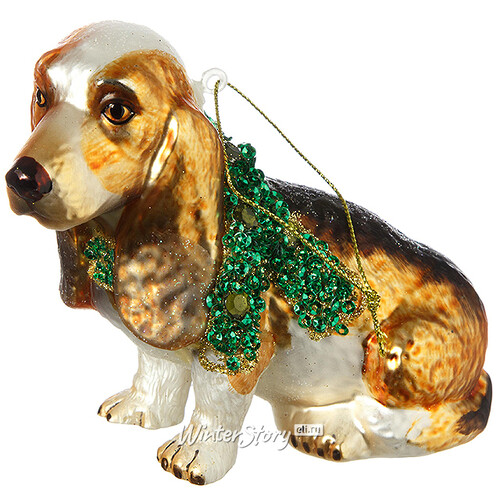 Стеклянная елочная игрушка Собака Бассет в шарфе с инкрустацией 10 см, подвеска Holiday Classics
