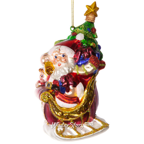 Стеклянная елочная игрушка Санта в санях с подарками 15 см, подвеска Holiday Classics