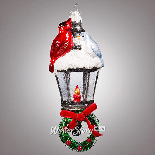 Стеклянная елочная игрушка Фонарь с птицами 14 см, подвеска Holiday Classics
