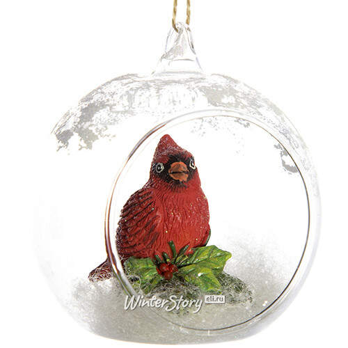 Стеклянный шар с композицией Зима в лесу с Птицей Кардиналом 9 см, подвеска Holiday Classics