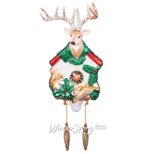 Стеклянная елочная игрушка Часы - ходики Волшебный Лес с оленем 20 см, подвеска Holiday Classics