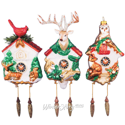 Стеклянная елочная игрушка Часы - ходики Волшебный Лес с птичкой 20 см, подвеска Holiday Classics