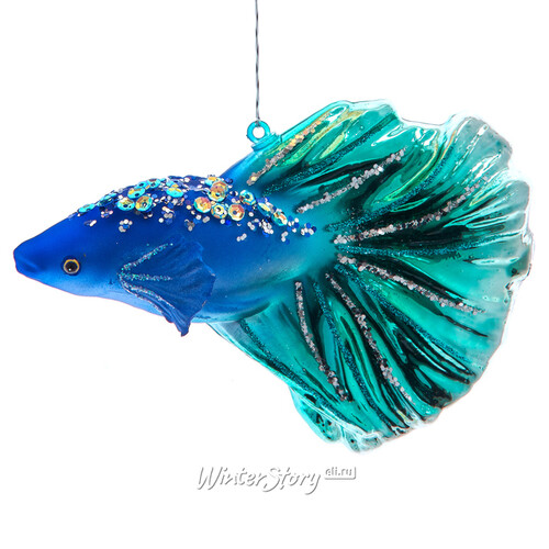 Стеклянная елочная игрушка Рыбка Анжуйской Династии 13 см, голубая, подвеска Kurts Adler