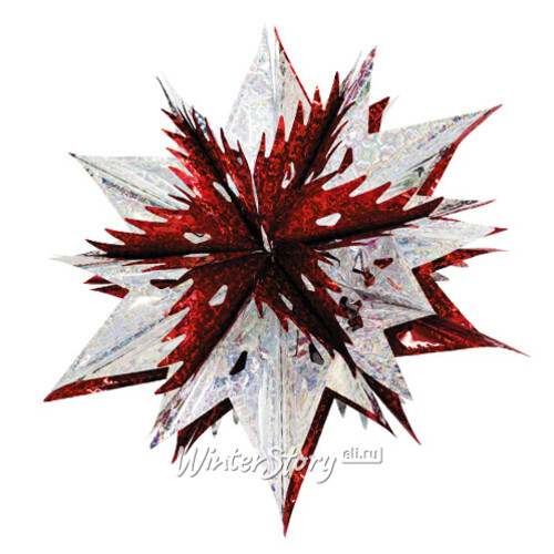 Звезда из фольги Объемная 60 см серебряная голографическая с красным Holiday Classics