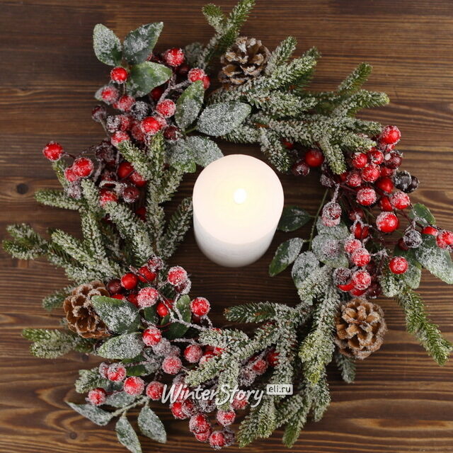 Венок заснеженный Ягодная Хвоя 40 см, ЛИТАЯ 100% Kaemingk