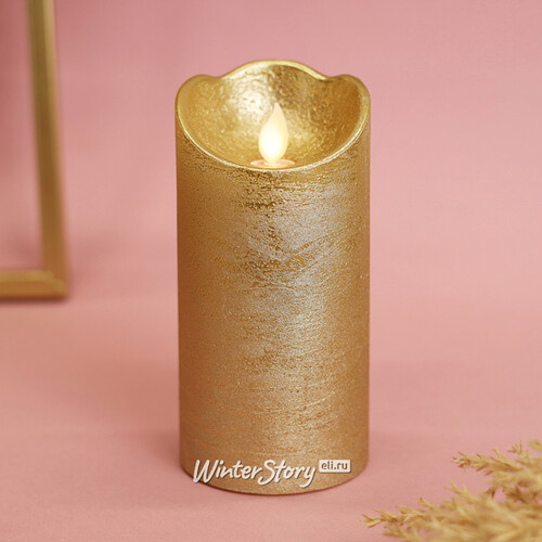 Светодиодная свеча Живое Пламя 15 см золотая восковая на батарейках, таймер Kaemingk