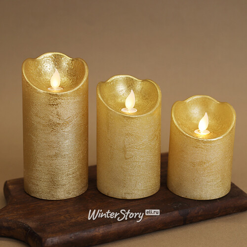 Светодиодная свеча Живое Пламя 10 см золотая восковая на батарейках, таймер Kaemingk
