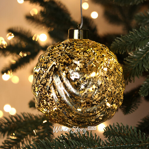 Светящийся елочный шар Леннарт 12 см золотой, 5 теплых белых LED ламп, на батарейках Kaemingk