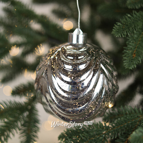 Светящийся елочный шар Леннарт 12 см серебряный, 5 теплых белых LED ламп, на батарейках Kaemingk