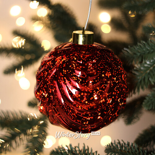 Светящийся елочный шар Леннарт 12 см красный, 5 теплых белых LED ламп, на батарейках Kaemingk