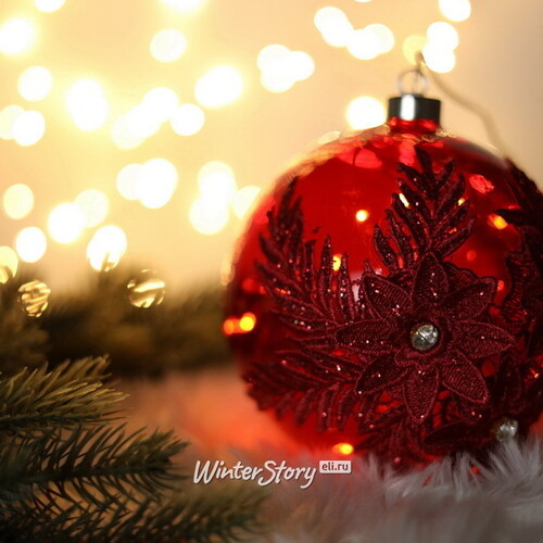 Светящийся елочный шар Gelemary 15 см, 30 теплых белых LED ламп, рубиновый, на батарейках, стекло Koopman