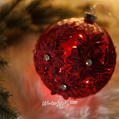 Светящийся елочный шар Gelemary 15 см, 30 теплых белых LED ламп, рубиновый, на батарейках, стекло Koopman