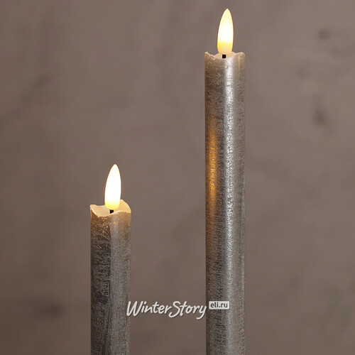 Столовая светодиодная свеча с имитацией пламени Стелла 24 см 2 шт серебряная, на батарейках, таймер Kaemingk