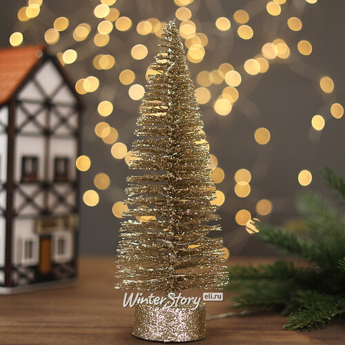 Декоративная светящаяся елочка Chelsea Gold 26 см, 15 теплых белых мини LED ламп, на батарейках Kaemingk