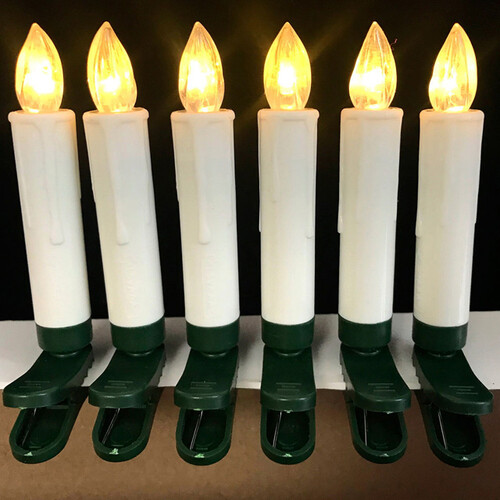 Светодиодные свечи для елки Мерцающее Пламя с пультом, 9 см, 10 шт с теплыми белыми LED лампами, на клипсе, на батарейках, IP20 Snowhouse