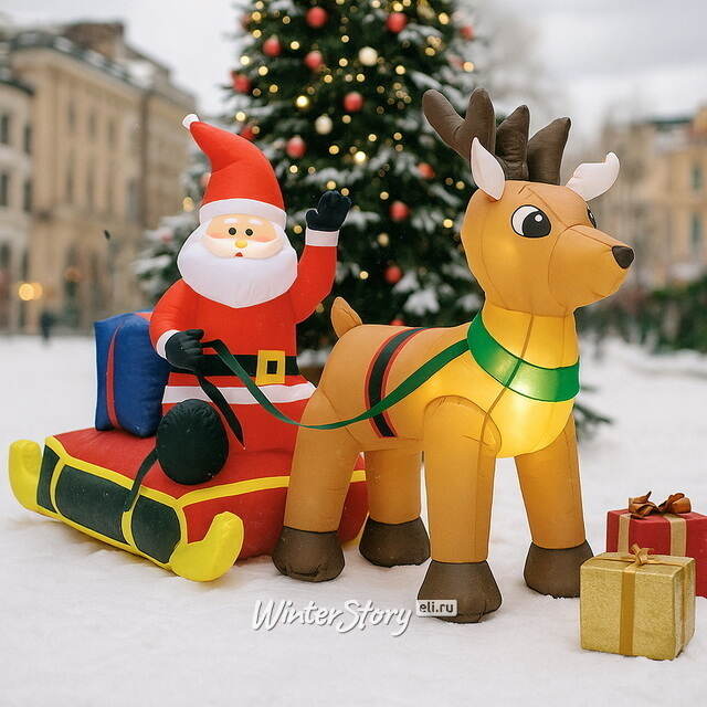 Надувная фигура Санта на санях с оленем Рудольфом 150 см с подсветкой, IP44 Peha