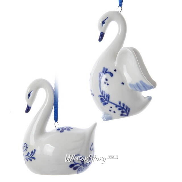Елочная игрушка из фарфора Лебедь - Blue Swan 9 см, подвеска Kurts Adler
