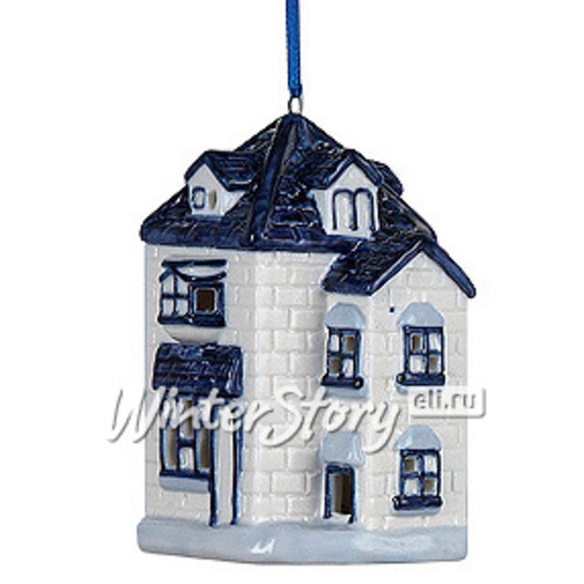 Светящаяся елочная игрушка Делфтский Домик с синей крышей из кирпича на батарейке 9 см, подвеска Kurts Adler