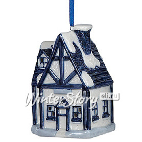 Светящаяся елочная игрушка Делфтский домик с синей крышей фахверк 9 см, подвеска Kurts Adler