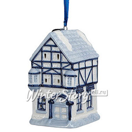 Светящаяся елочная игрушка Делфтский домик с голубой крышей фахверк 9 см, подвеска Kurts Adler