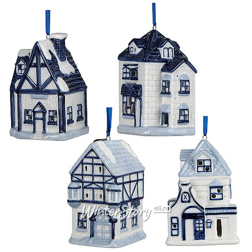 Светящаяся елочная игрушка Делфтский домик с голубой крышей фахверк 9 см, подвеска Kurts Adler