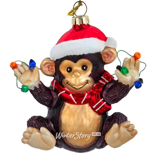 Стеклянная елочная игрушка Обезьянка - Monkey Santa 10 см, подвеска Kurts Adler