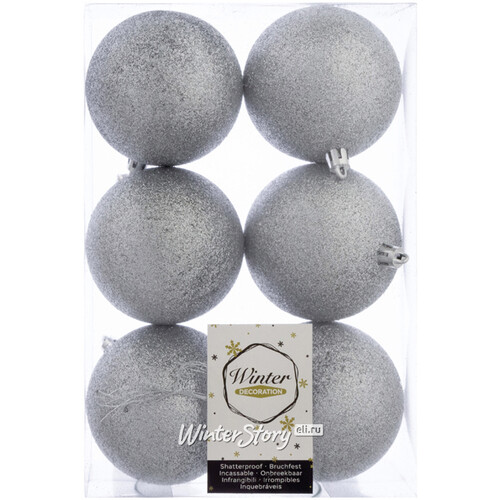 Набор пластиковых шаров 8 см серебряный искристый, 6 шт, Winter Decoration Winter Deco