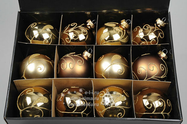 Набор стеклянных шаров, 80мм, 12шт, золото