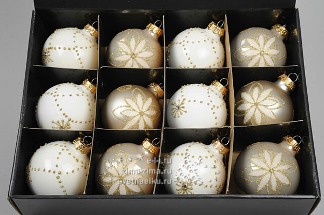 Набор стеклянных шаров, 80мм, 12шт, белый