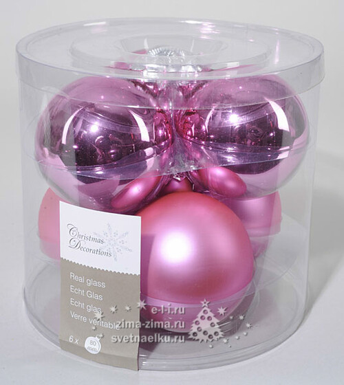 Набор стеклянных шаров светло розовый mix, 8 см, 6шт Kaemingk