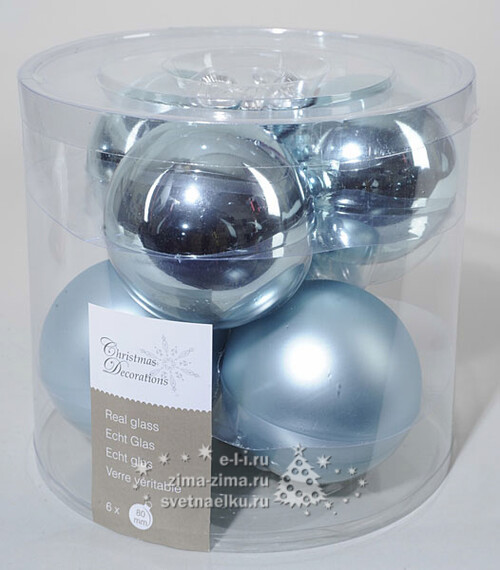 Набор стеклянных шаров 8 см, 6 шт, голубой mix Kaemingk