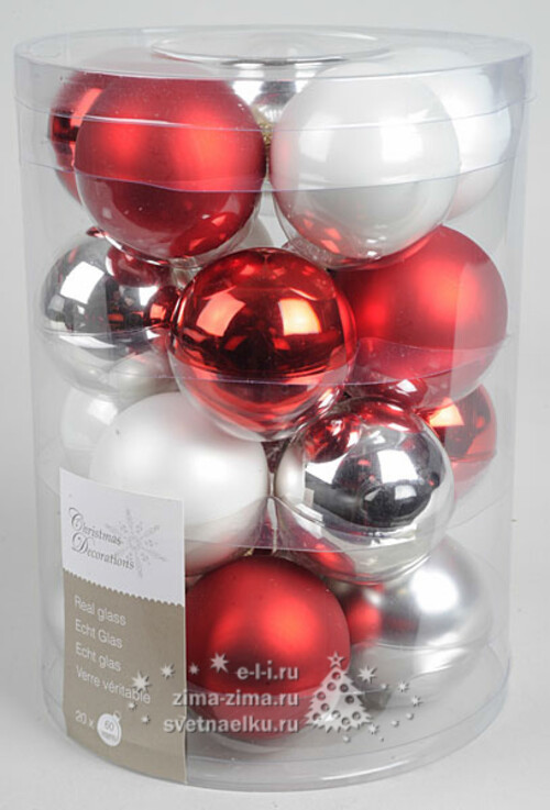 Коллекция стеклянных шаров Красно-Белый Коктейль 6 см, 20 шт Kaemingk