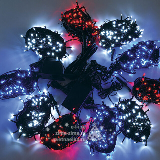 Комплект освещения Триколор для елки и дерева до 10 м, черный ПВХ, 10*100 холодных белых/синих/красных LED ламп, контроллер BEAUTY LED