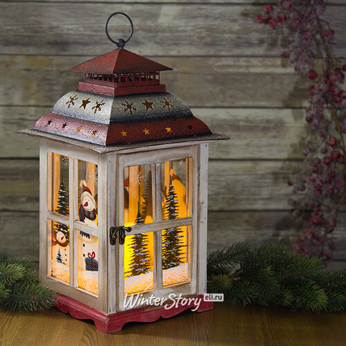 Деревянный подсвечник-фонарь Семейка снеговиков в окошке 41 см Holiday Classics