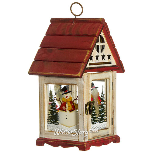 Деревянный подсвечник-фонарь Старинный домик со снеговиками 32 см Holiday Classics