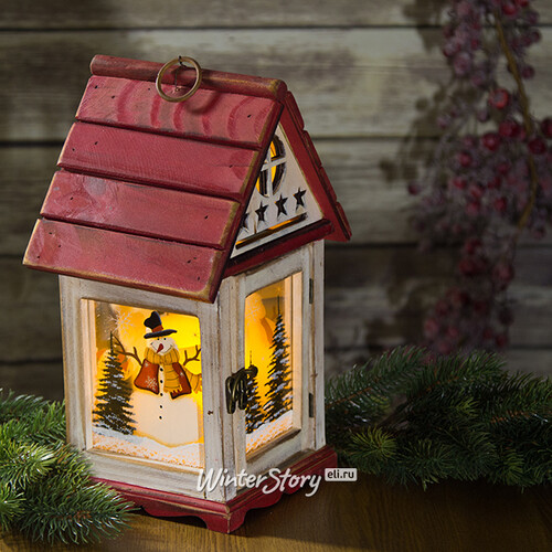 Деревянный подсвечник-фонарь Старинный домик со снеговиками 32 см Holiday Classics