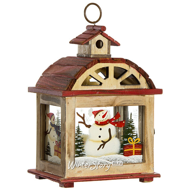 Деревянный подсвечник-фонарь Снеговичок с подарком в старинном домике 28 см Holiday Classics