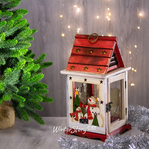 Деревянный подсвечник-фонарь Снеговики спешат на праздник 32 см Holiday Classics