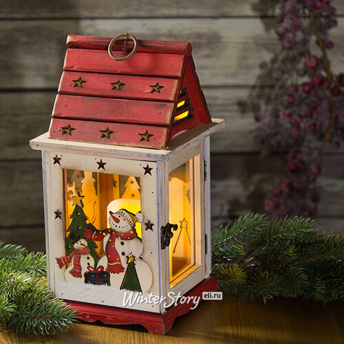 Деревянный подсвечник-фонарь Снеговики спешат на праздник 32 см Holiday Classics