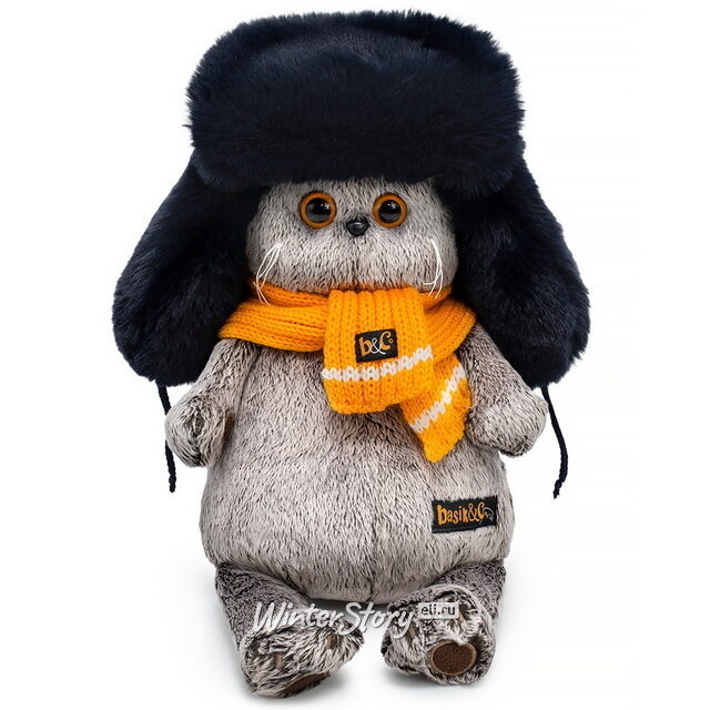 Мягкая игрушка Кот Басик в меховой шапке и шарфе 22 см Budi Basa