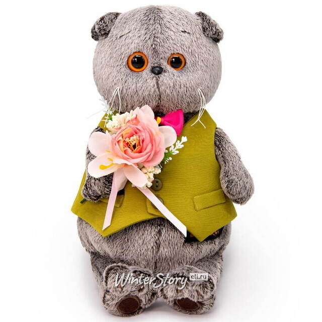 Мягкая игрушка Кот Басик в жилете и с букетом 25 см Budi Basa