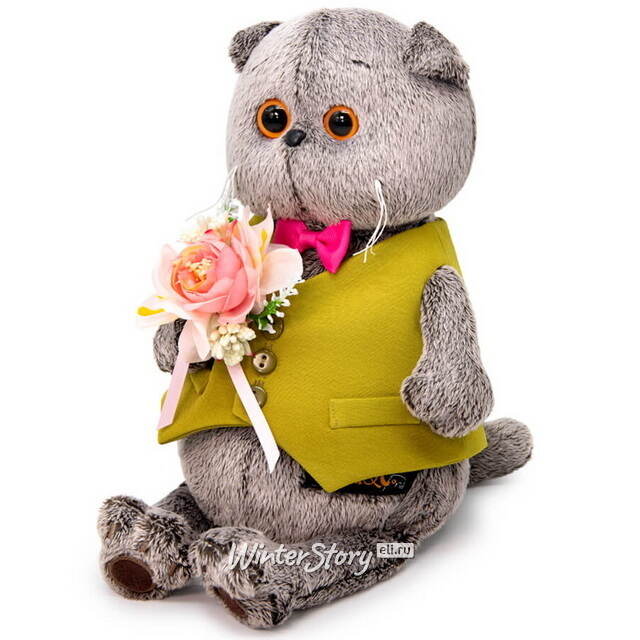 Мягкая игрушка Кот Басик в жилете и с букетом 25 см Budi Basa