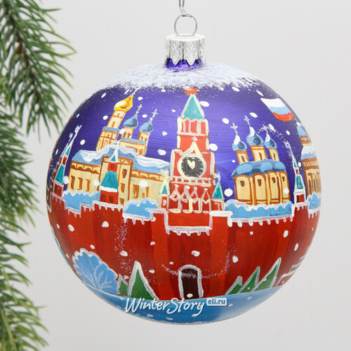 Стеклянный елочный шар Московский Кремль 100 мм синий Коломеев
