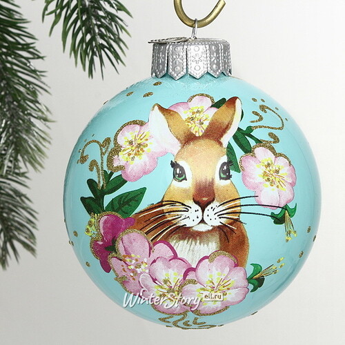 Стеклянный елочный шар Кролик Жанни в цветах 10 см Коломеев