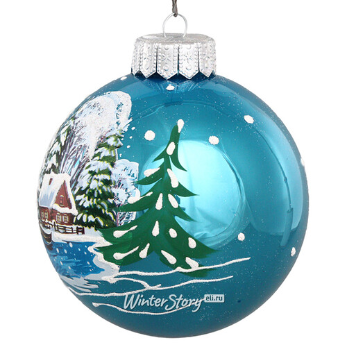 Стеклянный елочный шар Домик на берегу 10 см синий Коломеев