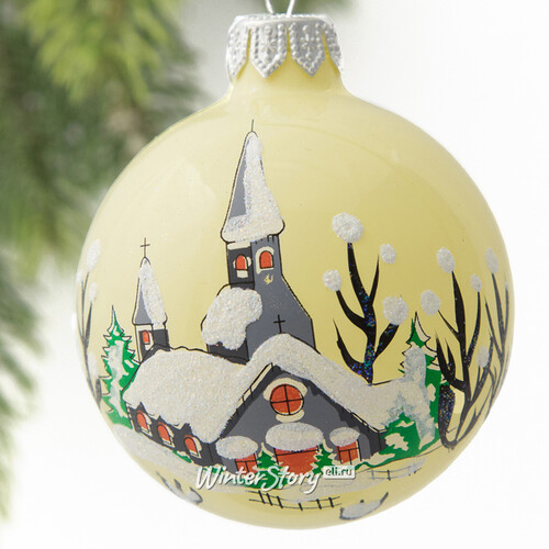 Стеклянный елочный шар Зимний пейзаж 65 мм, молочный глянцевый Коломеев