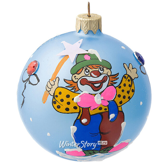 Стеклянный елочный шар Клоун Бенджи 80 мм, голубой Коломеев