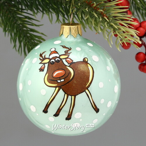 Стеклянный елочный шар Рождественский олень Вилли 8 см бирюзовый Коломеев