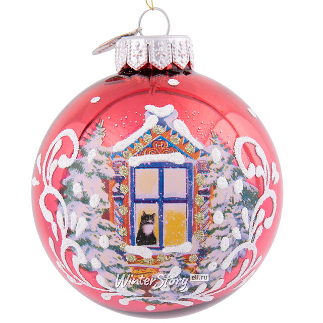Стеклянный елочный шар Кошка в окошке 8 см Коломеев
